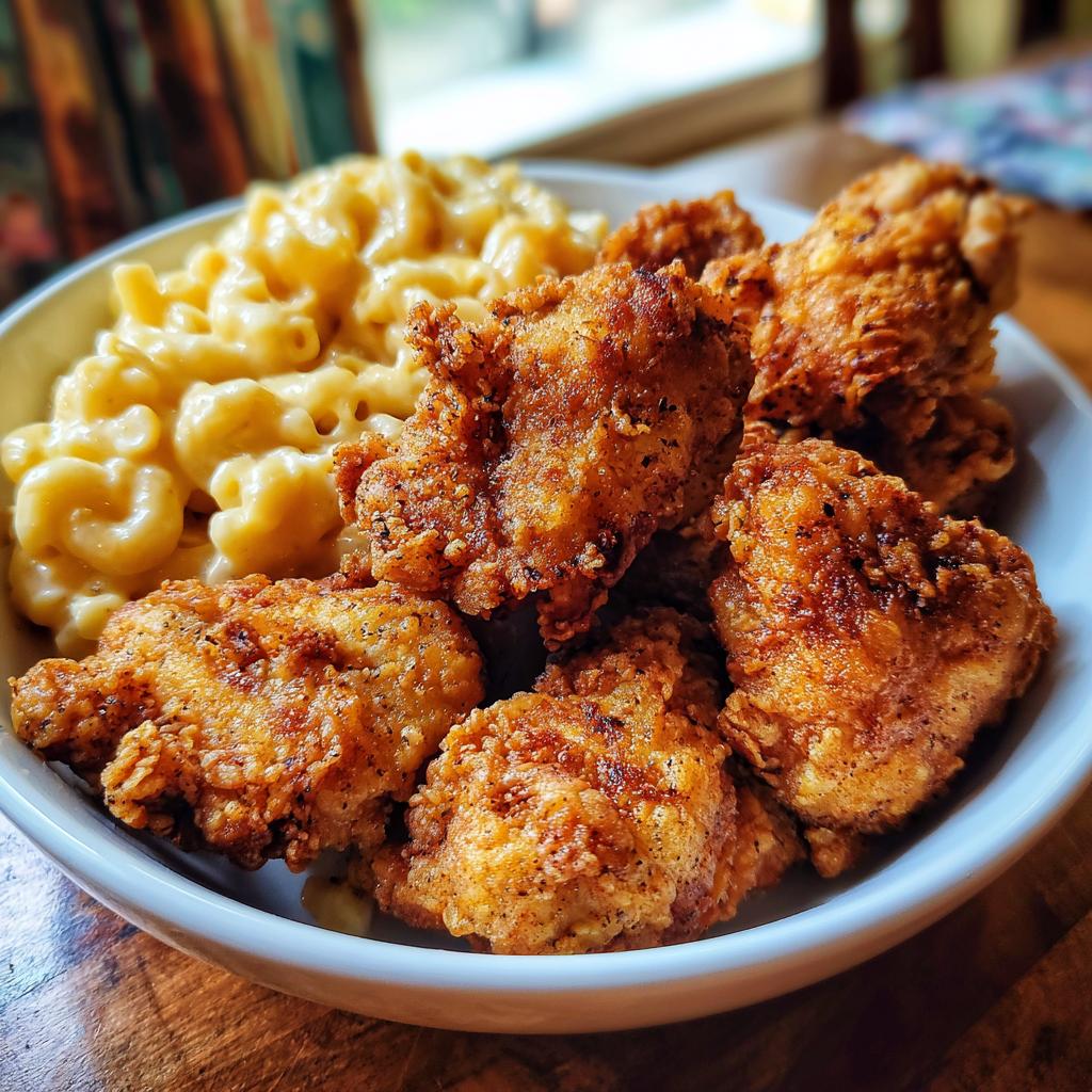 A bowl of creamy mac and cheese served with crispy fried chicken, a classic combination of best comfort foods.