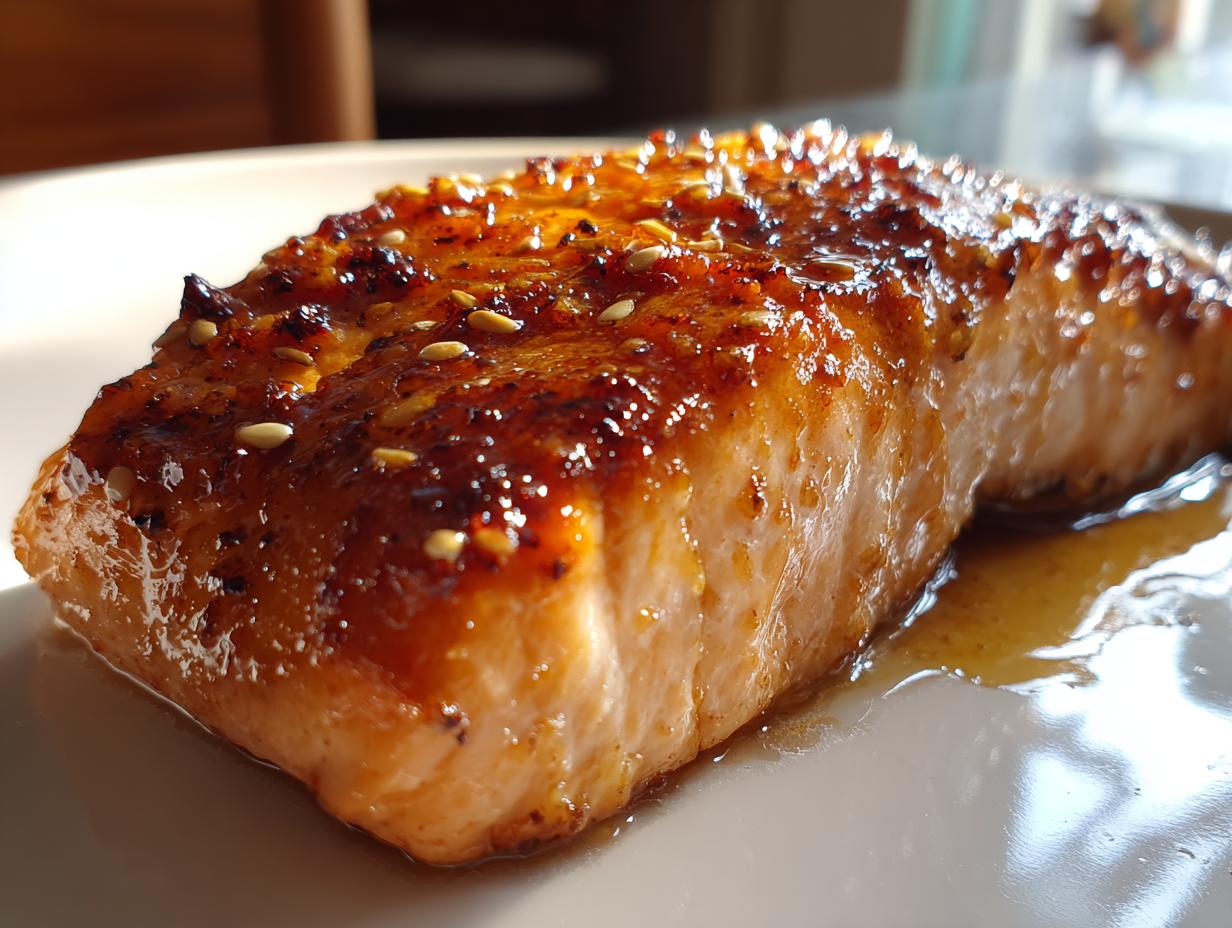 Close-up of maple glazed salmon fall, glistening with glaze and sprinkled with sesame seeds.