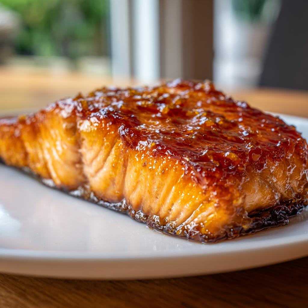 Close-up of maple glazed salmon fall on a white plate, showcasing the glaze and texture.