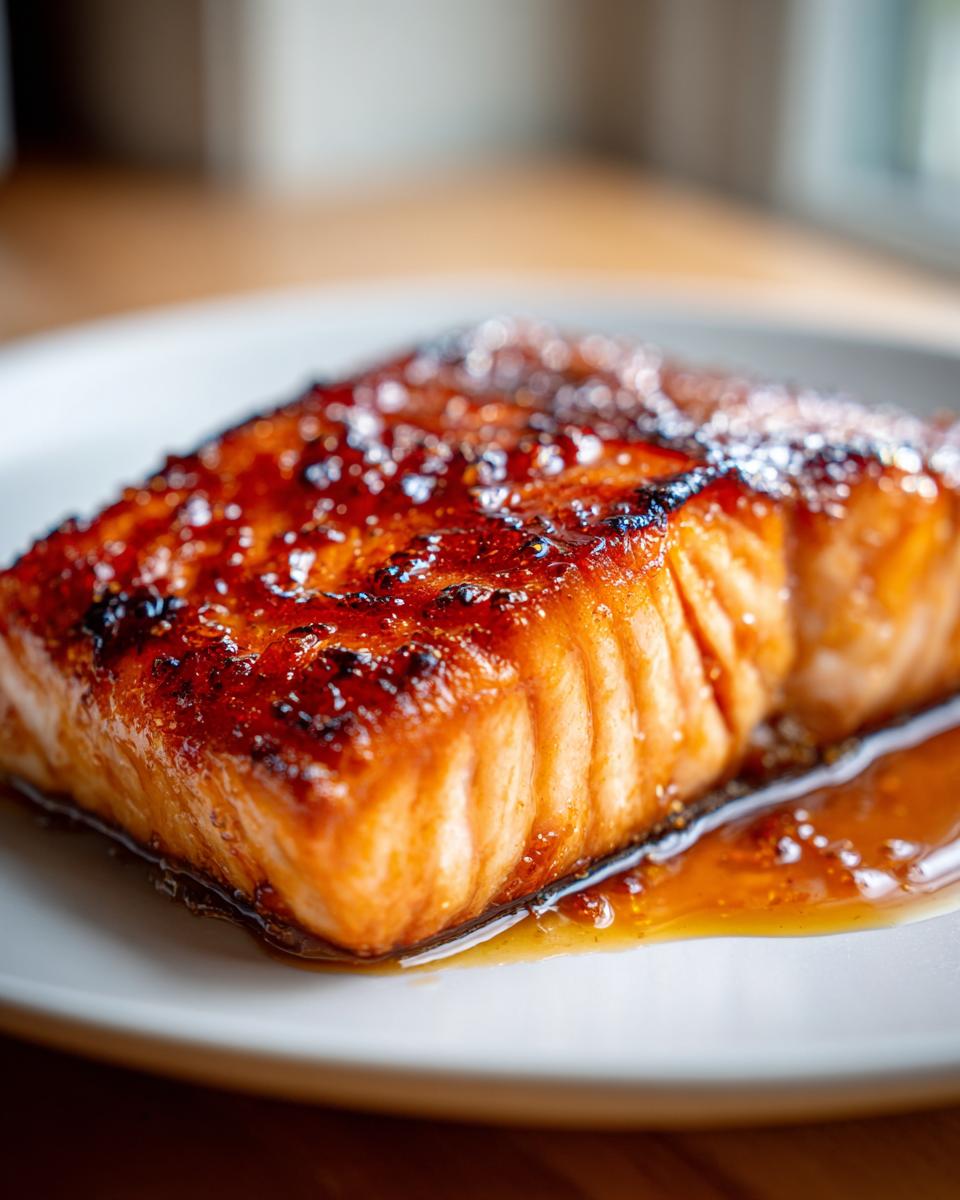 Close-up of a perfectly cooked maple glazed salmon fall fillet on a white plate with maple glaze.