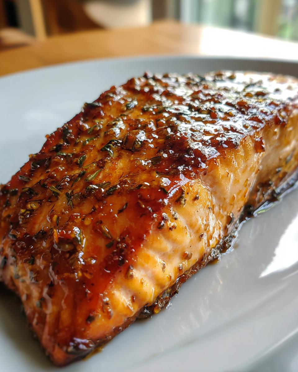 Close-up of maple glazed salmon fall on a white plate, showcasing the glaze and herbs.