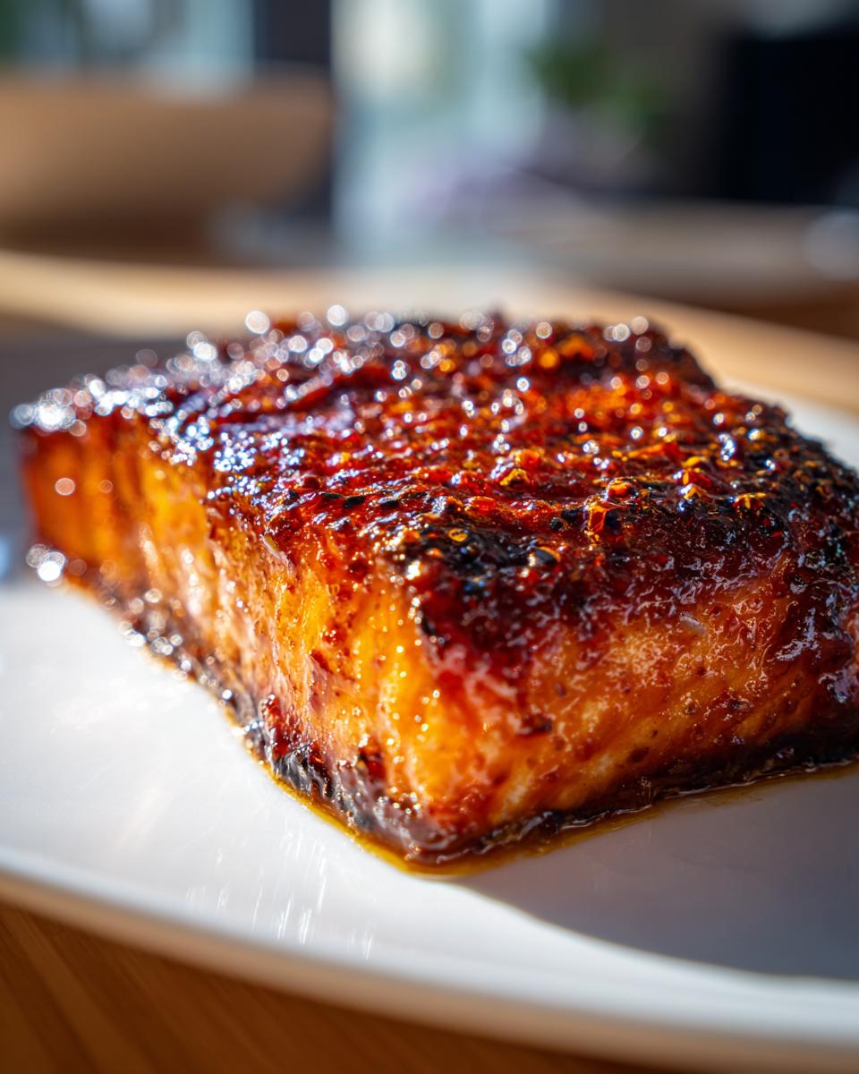 Close-up of a perfectly cooked piece of maple glazed salmon fall on a white plate.
