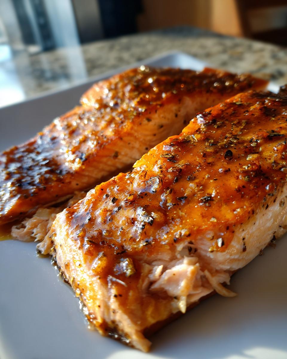 Two fillets of maple glazed salmon fall, glistening with glaze and herbs, served on a white plate.