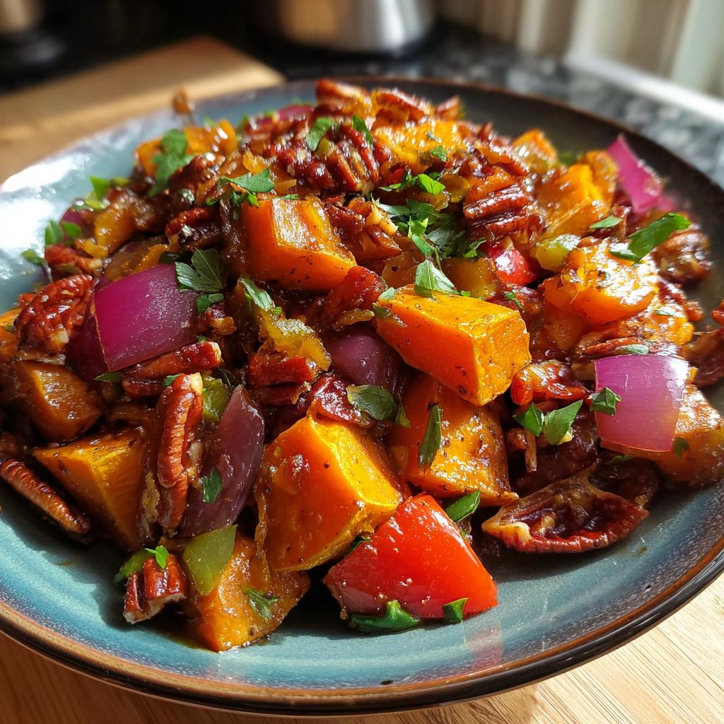 Close-up of Maple Pecan Sweet Potato Breakfast Hash with red onions and herbs on a blue plate.