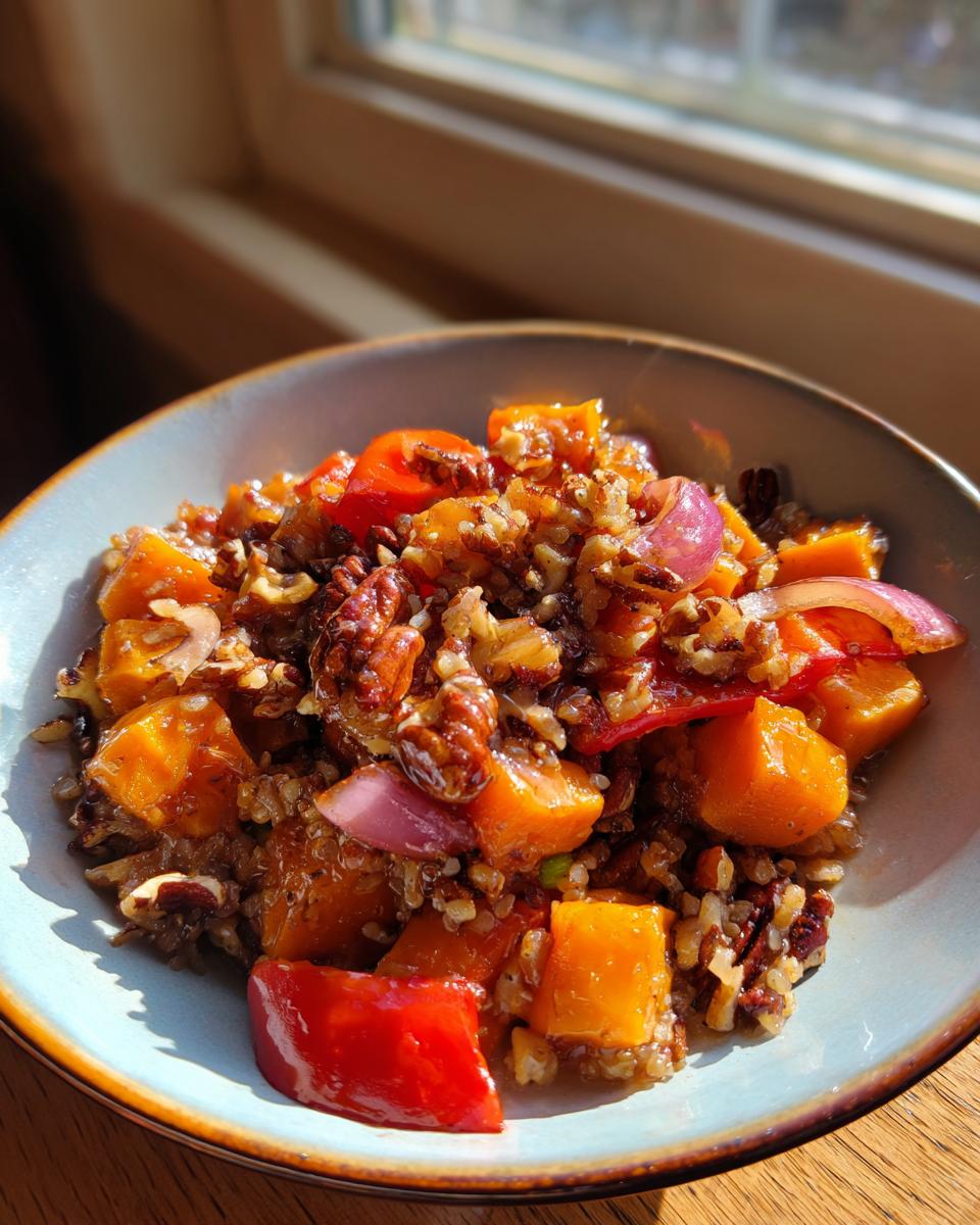 A bowl of Maple Pecan Sweet Potato Breakfast Hash with sweet potatoes, pecans, red onion, and red pepper.