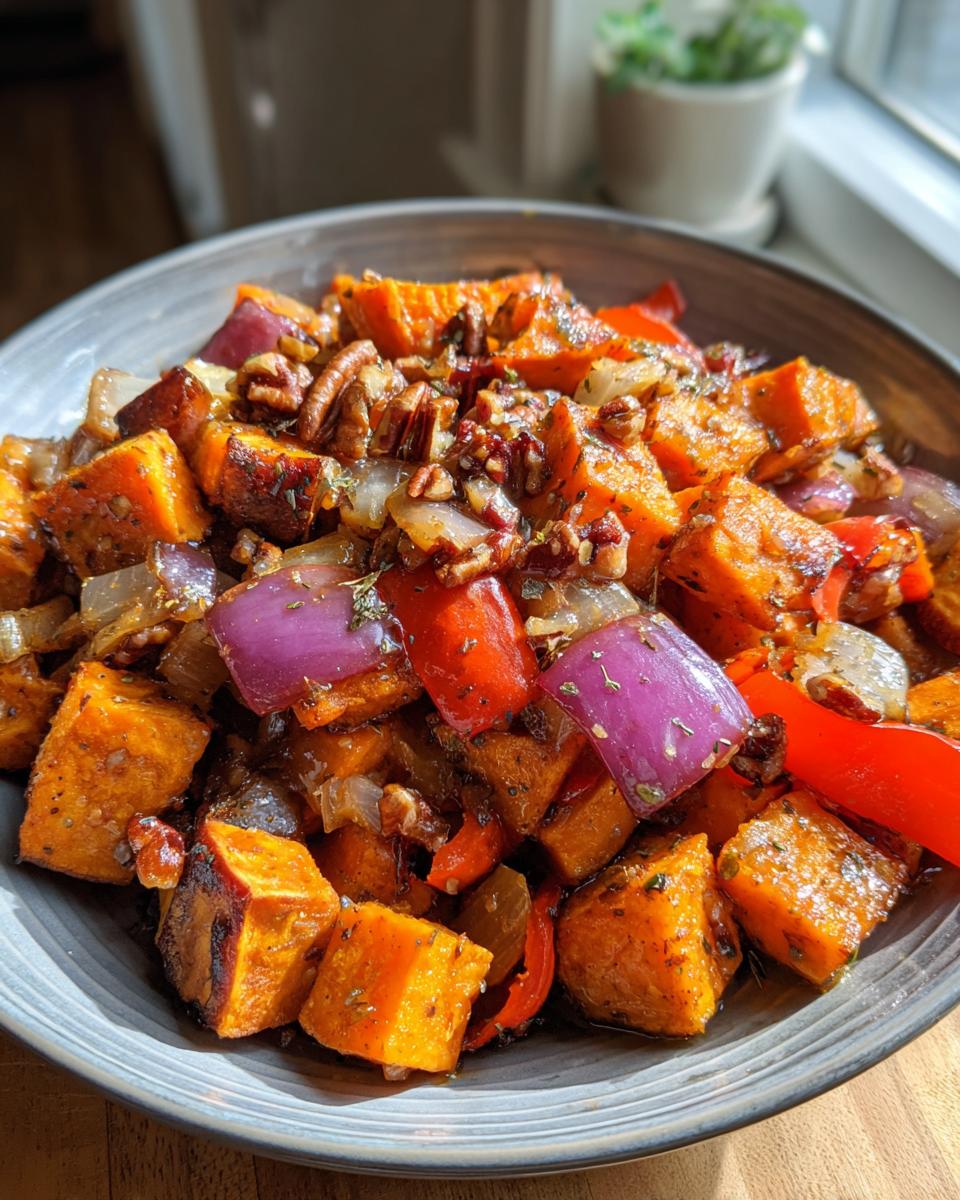 A colorful bowl of Maple Pecan Sweet Potato Breakfast Hash with sweet potatoes, pecans, onions, and peppers.