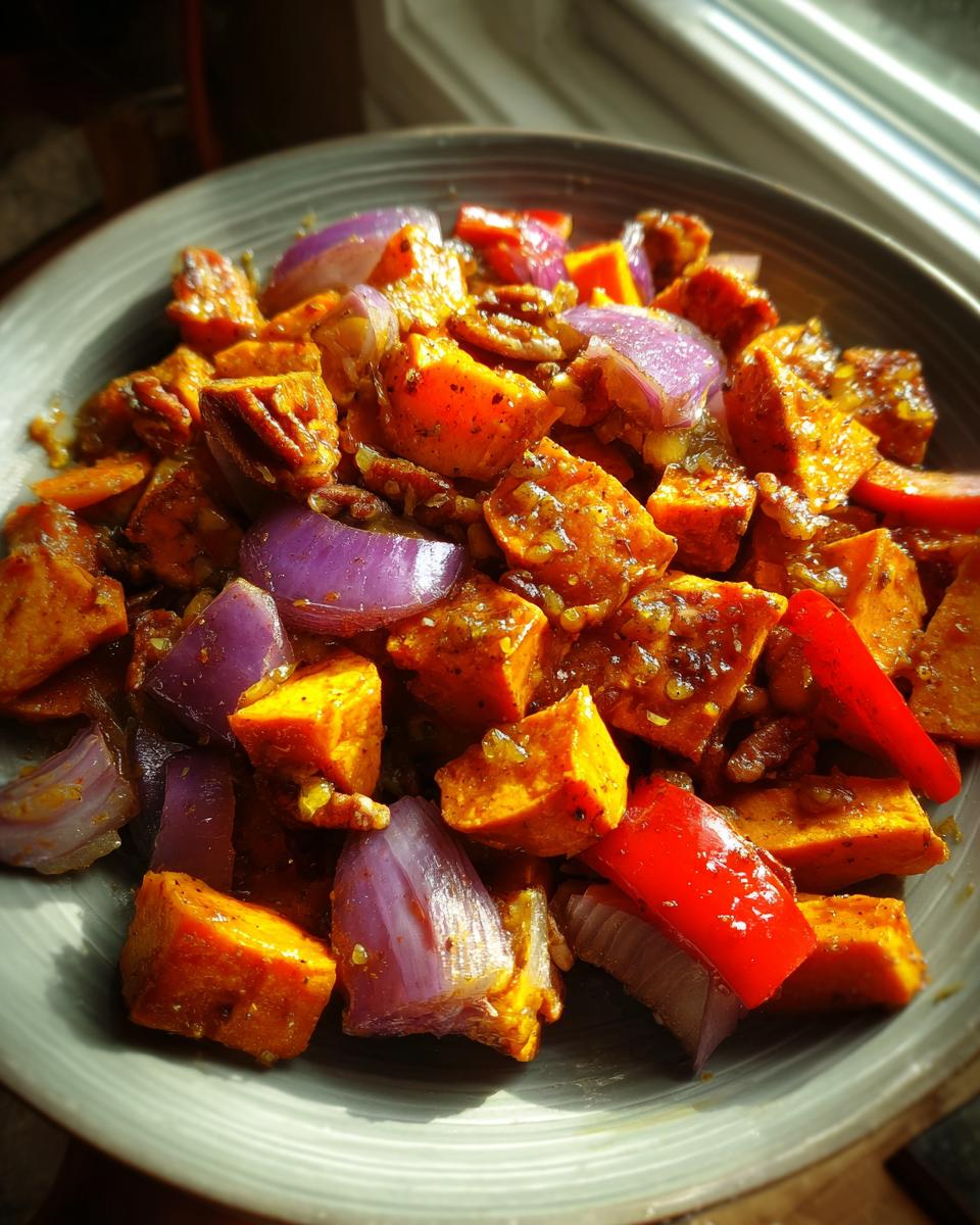 A bowl of Maple Pecan Sweet Potato Breakfast Hash with sweet potatoes, red onion, and pecans.