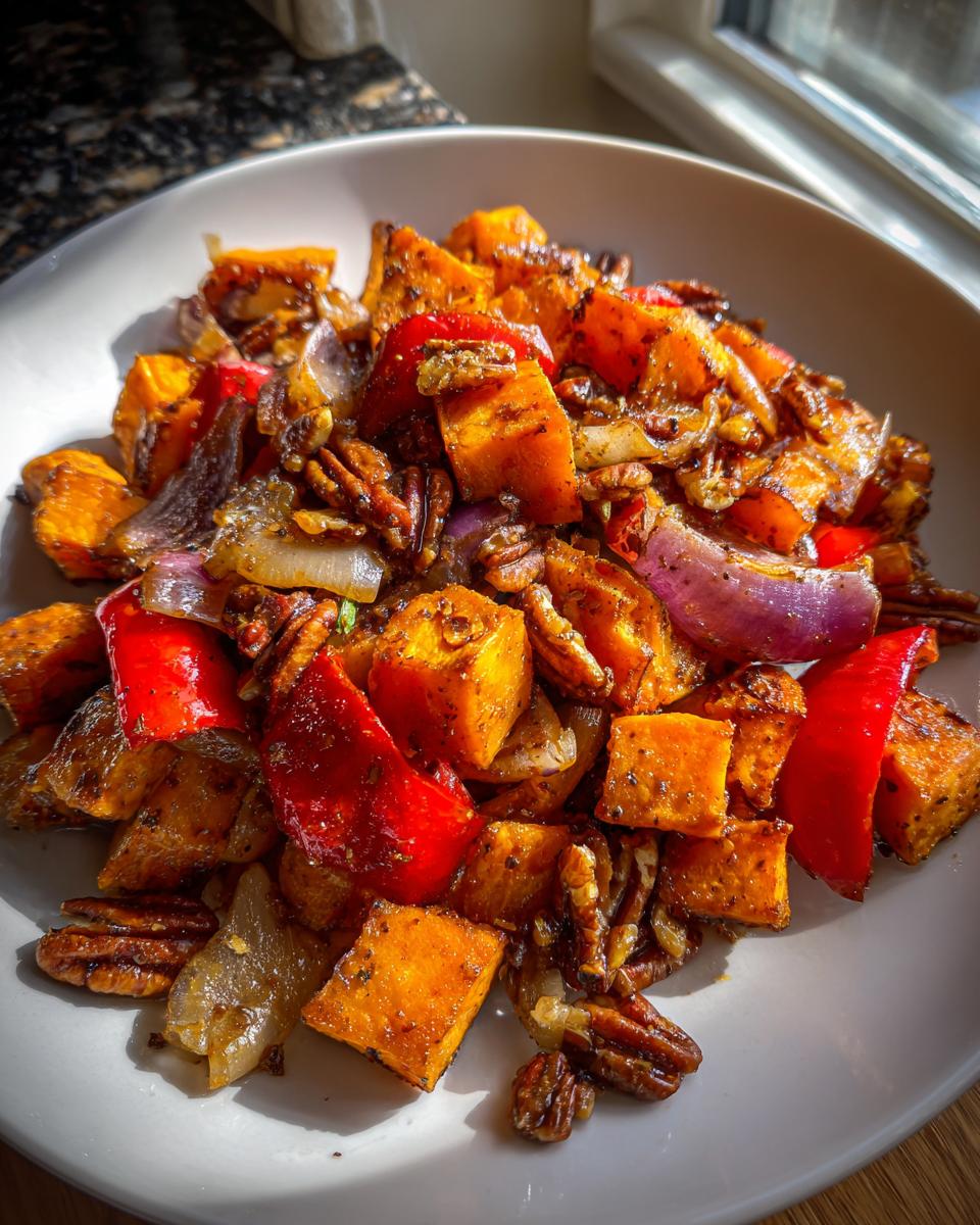 A plate of Maple Pecan Sweet Potato Breakfast Hash with red peppers and onions.