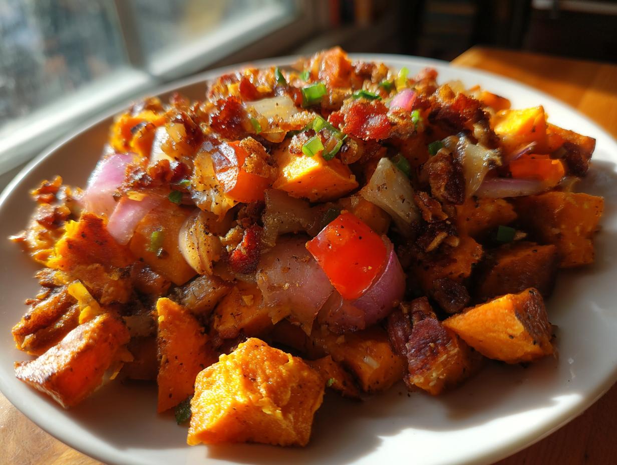 A plate of Maple Pecan Sweet Potato Breakfast Hash with sweet potatoes, pecans, and onions.