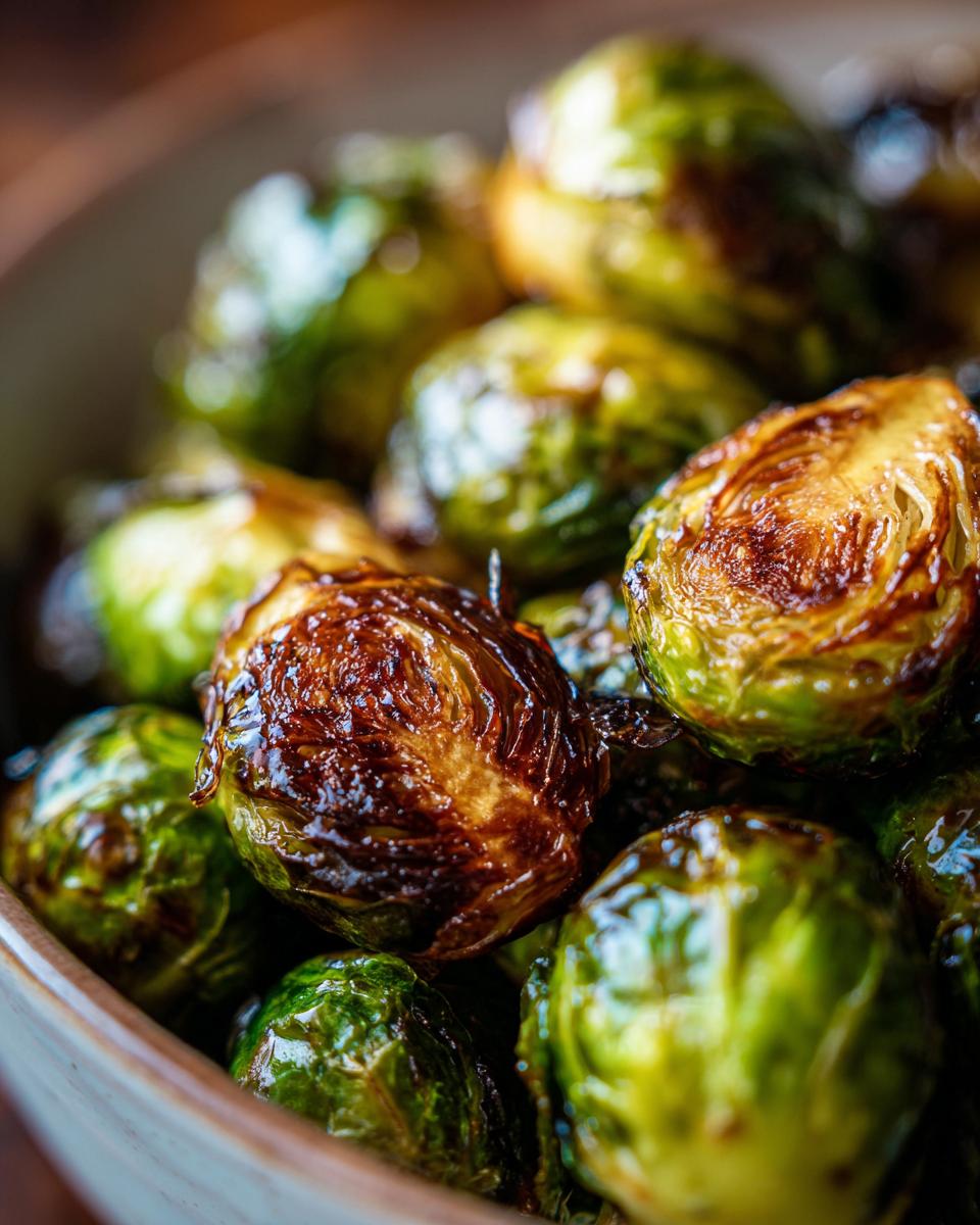 Close-up of maple roasted brussels sprouts in a bowl, showcasing their caramelized texture and vibrant green color.