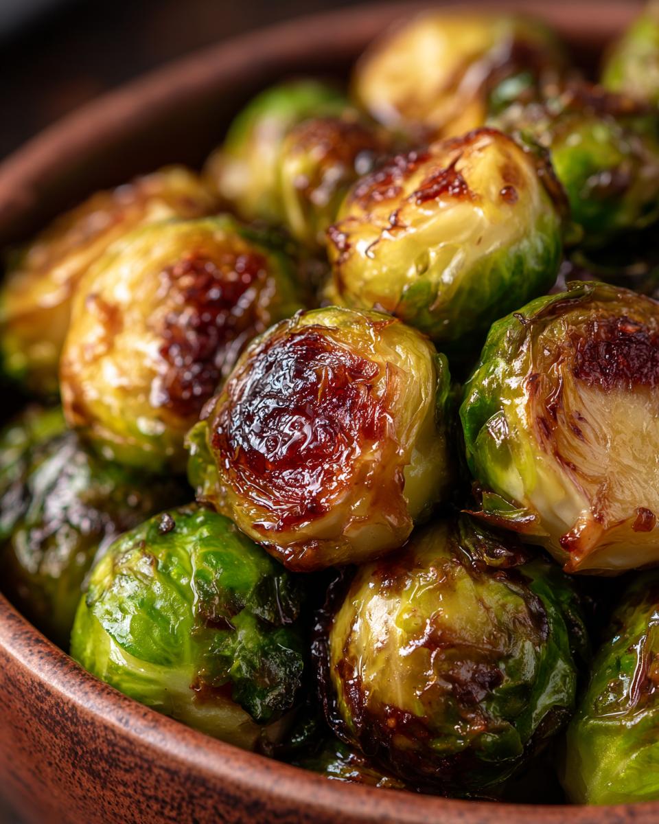 Close-up of maple roasted brussels sprouts in a wooden bowl, showing their caramelized texture.