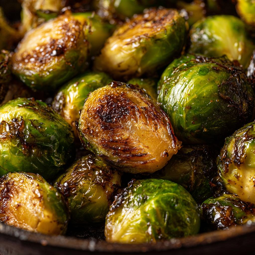 A close-up of maple roasted brussels sprouts, showing the caramelized texture and vibrant green color.