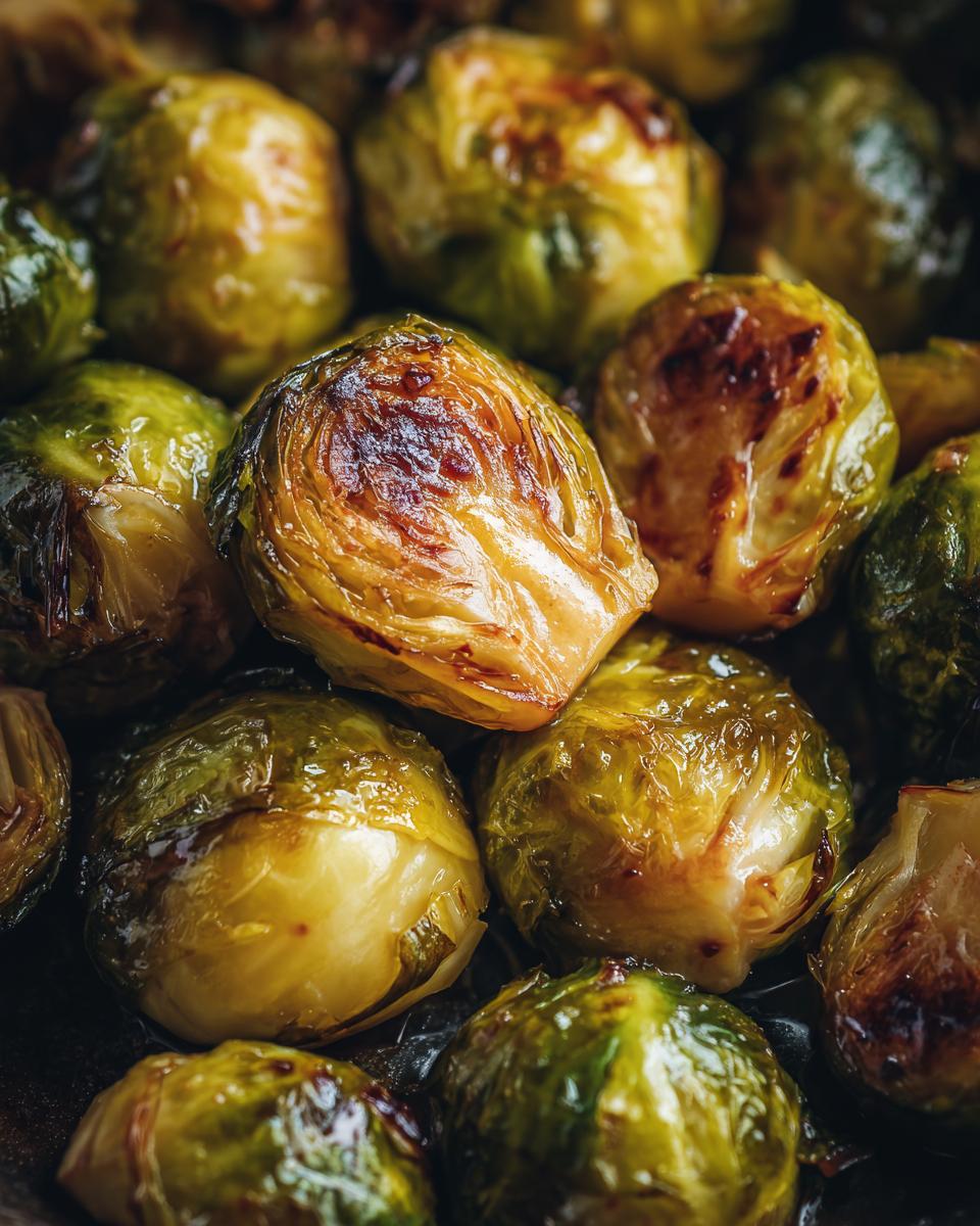 A close-up of golden brown Maple Roasted Brussels Sprouts, glistening with maple syrup.