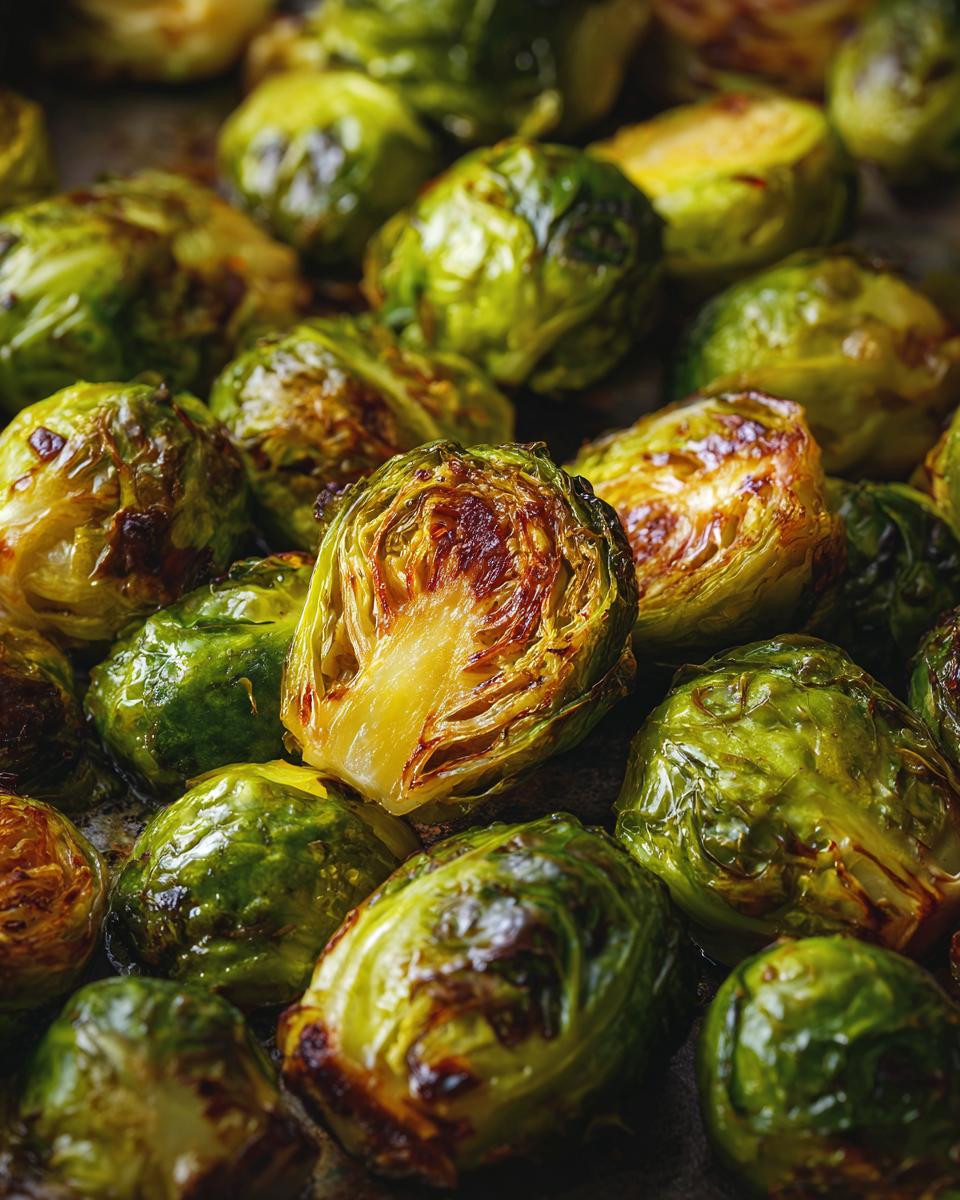 A close-up of maple roasted brussels sprouts, showcasing their caramelized texture and vibrant green color.