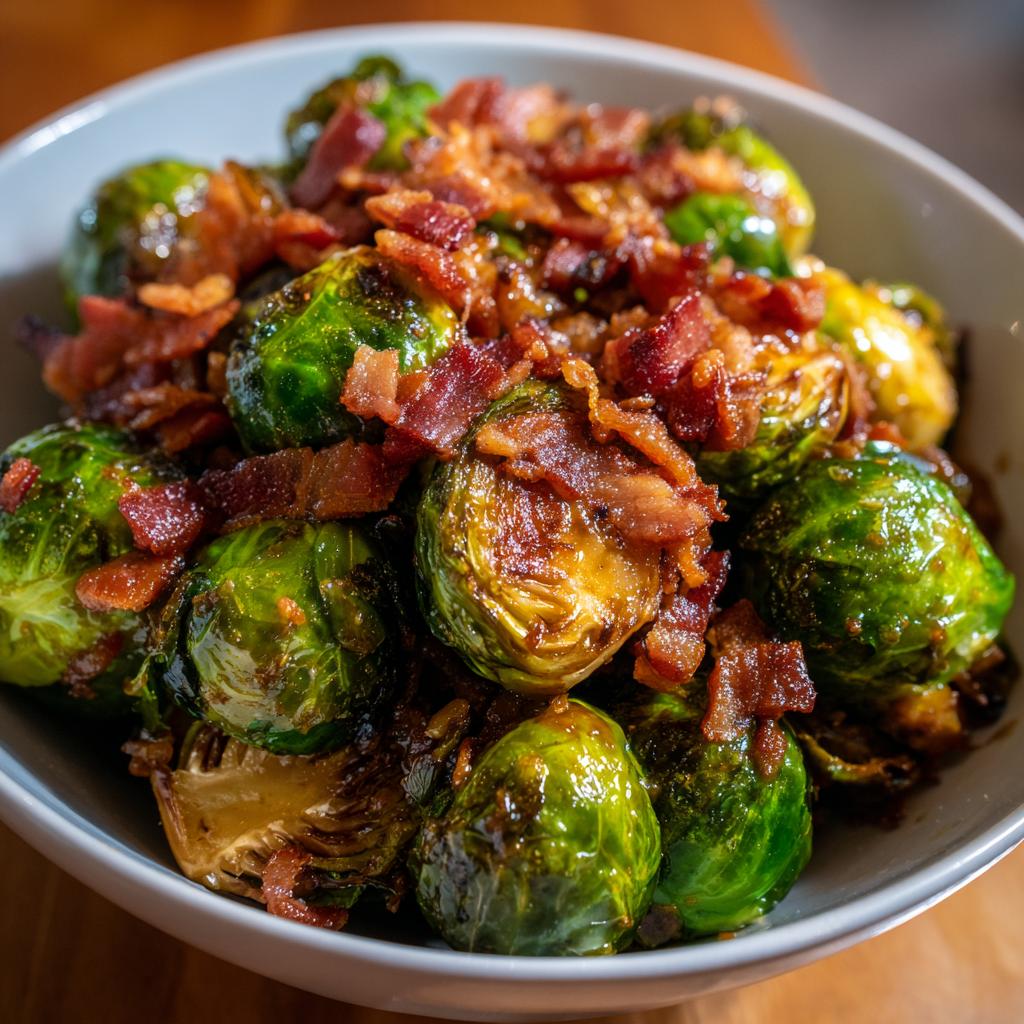 Close up of Miso-Maple Brussels Sprouts with Crispy Bacon in a bowl, showcasing the glaze and bacon bits.