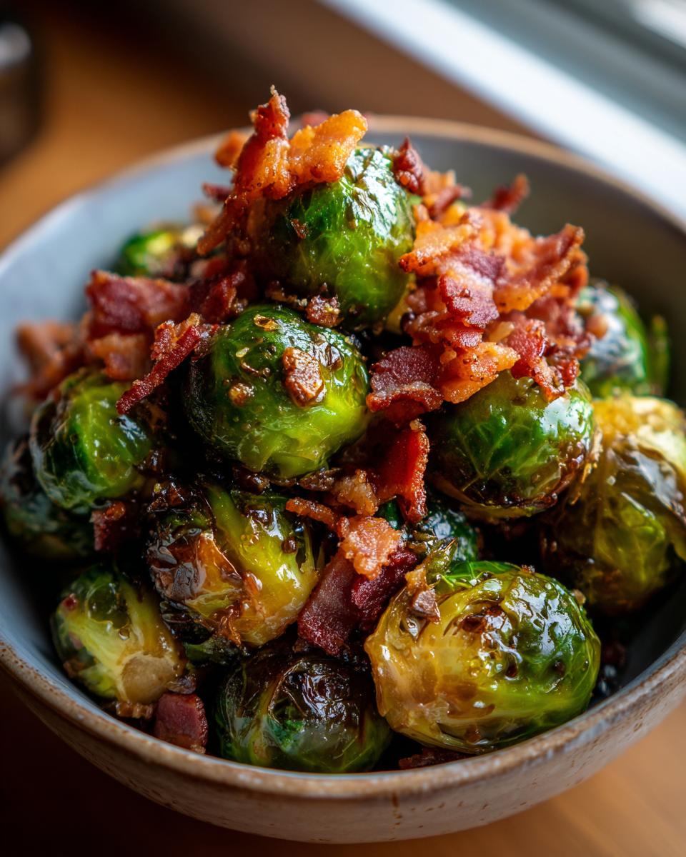 A bowl of Miso-Maple Brussels Sprouts with Crispy Bacon, glazed and topped with bacon pieces.