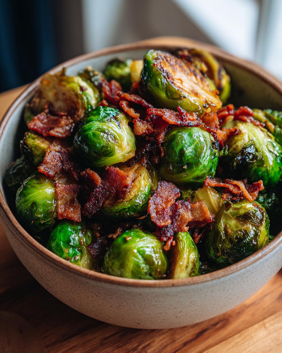 A bowl of Miso-Maple Brussels Sprouts with Crispy Bacon, glazed and ready to eat.