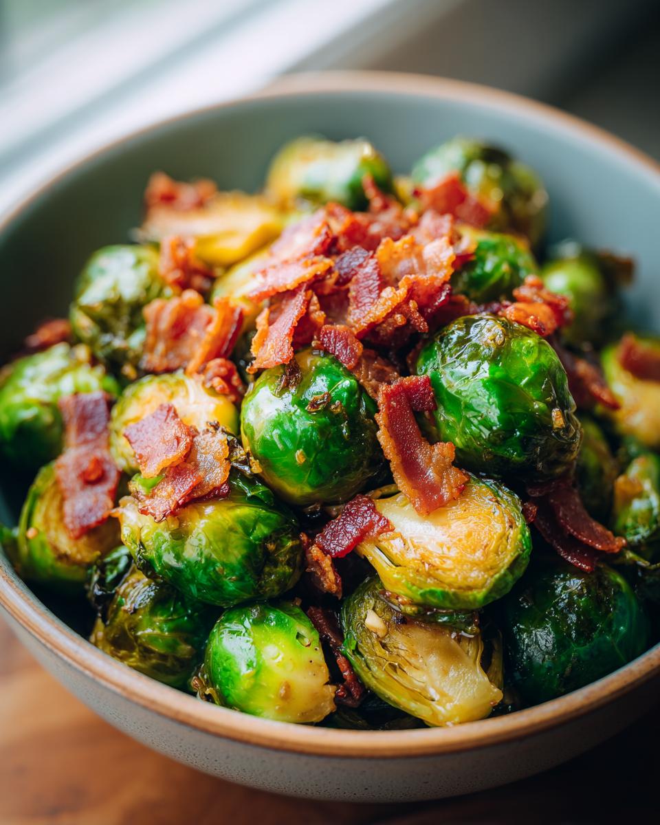 Bowl of Miso-Maple Brussels Sprouts with Crispy Bacon. Roasted brussels sprouts topped with crispy bacon pieces.