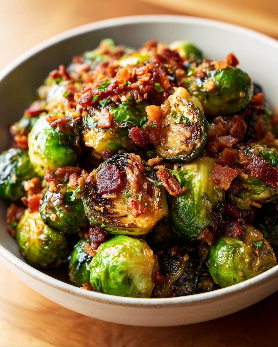 Bowl of Miso-Maple Brussels Sprouts with Crispy Bacon, showing caramelized sprouts and bacon bits.