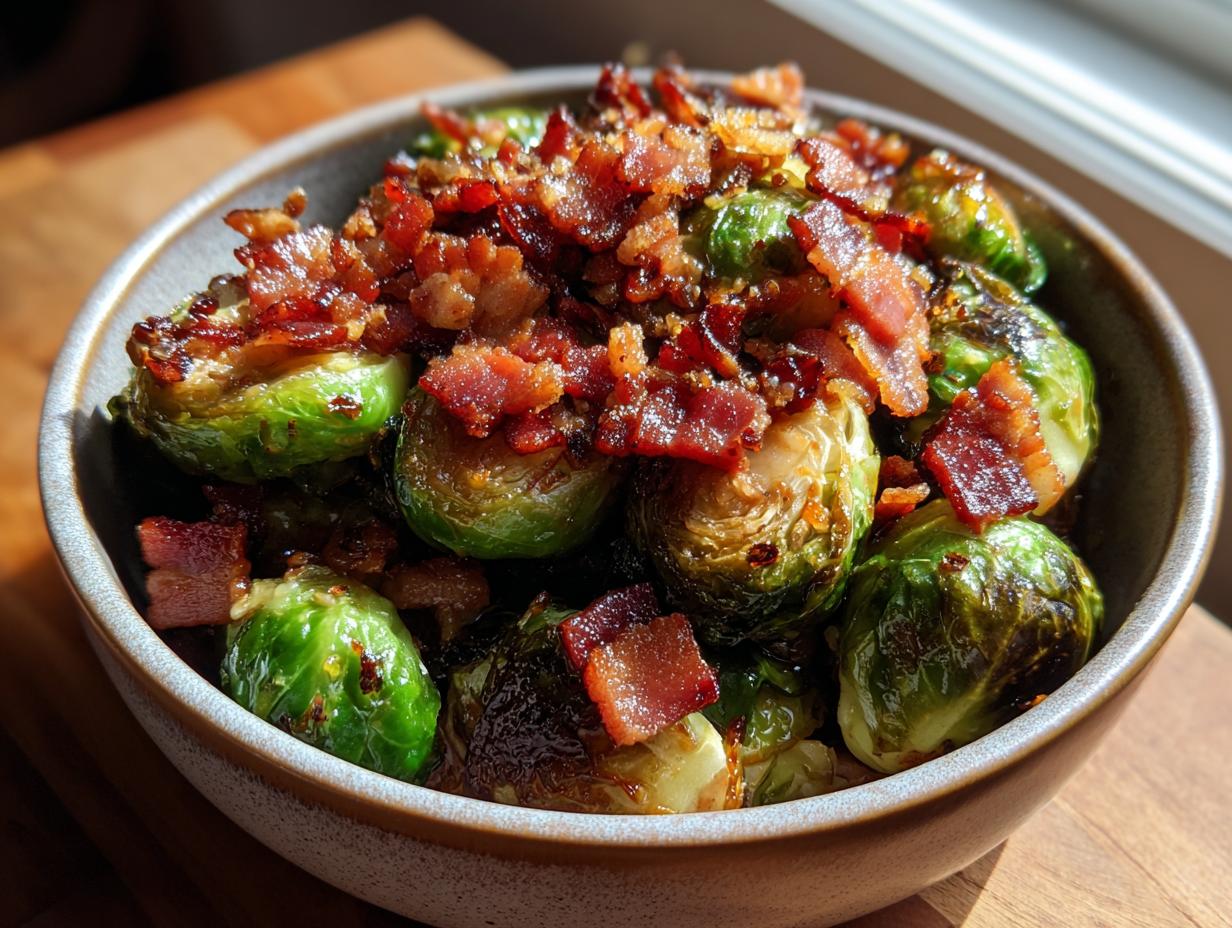 A bowl of Miso-Maple Brussels Sprouts with Crispy Bacon, caramelized and glistening.