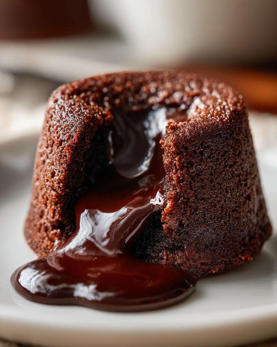 Close-up of a decadent molten lava cake, a perfect Valentine’s Day Desserts. Molten chocolate flowing out.