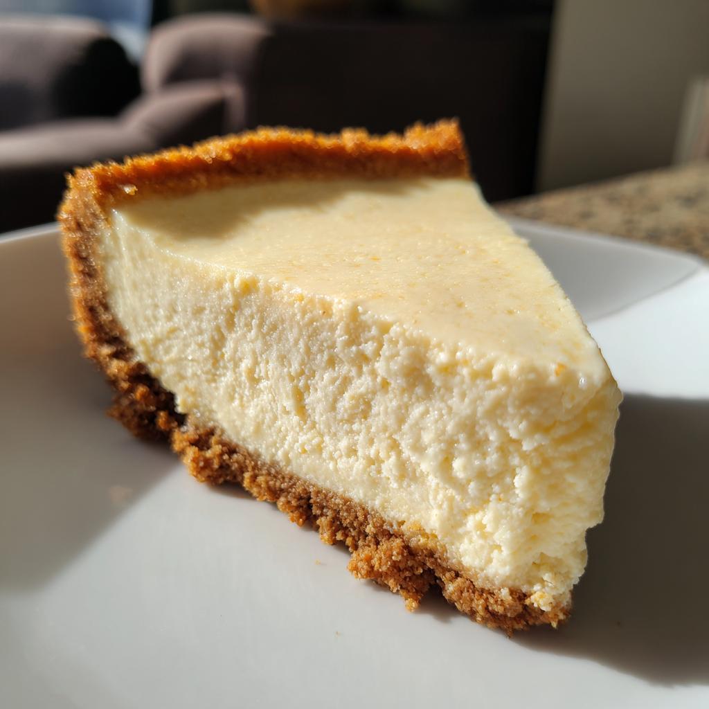 A delicious slice of no bake cheesecake with a graham cracker crust on a white plate.