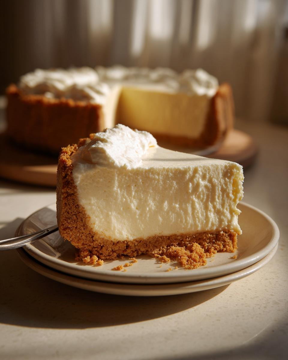 A slice of no bake cheesecake with a graham cracker crust and whipped cream topping on a plate.