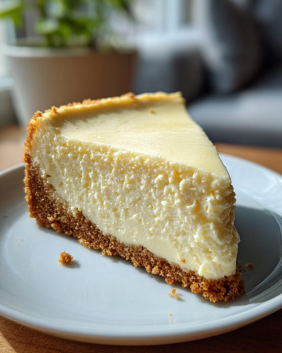 A delicious slice of no bake cheesecake with a graham cracker crust on a white plate.