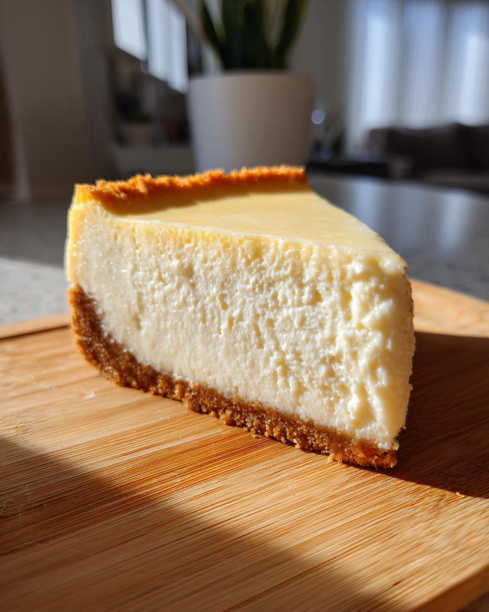A delicious slice of no bake cheesecake with a graham cracker crust on a wooden cutting board.