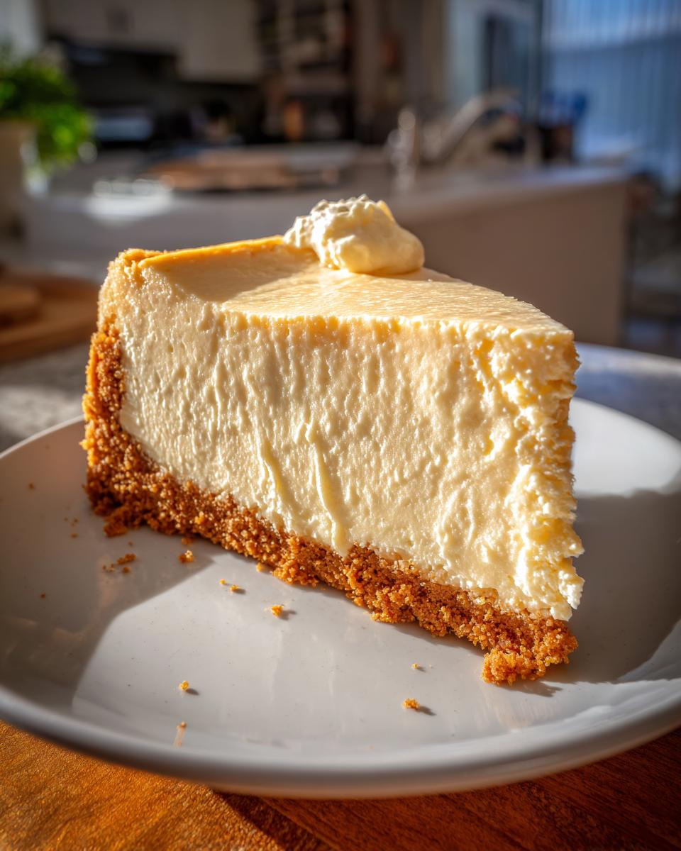 A slice of creamy no bake cheesecake with a graham cracker crust, topped with whipped cream.