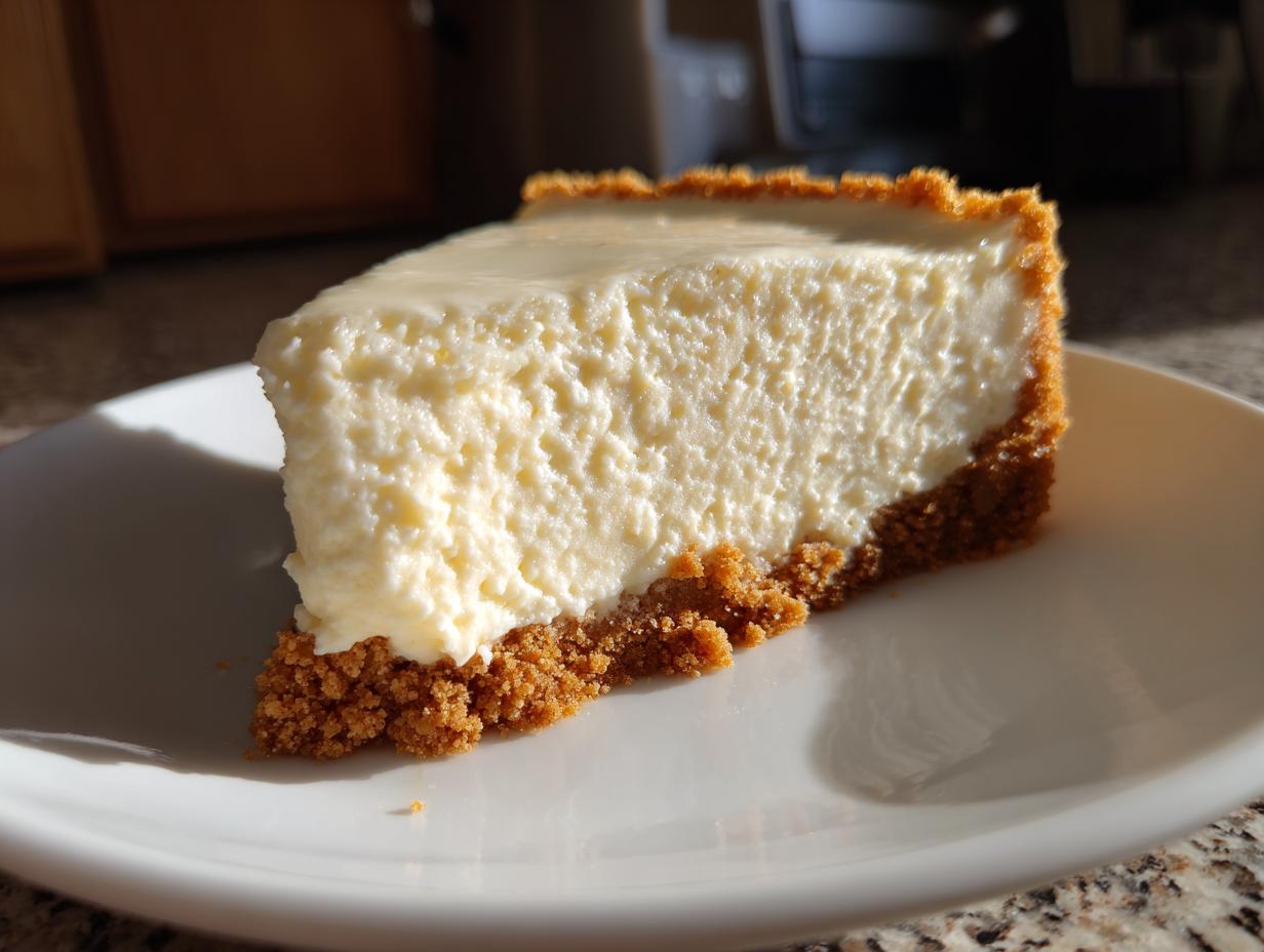 A delicious slice of no bake cheesecake with a graham cracker crust on a white plate.