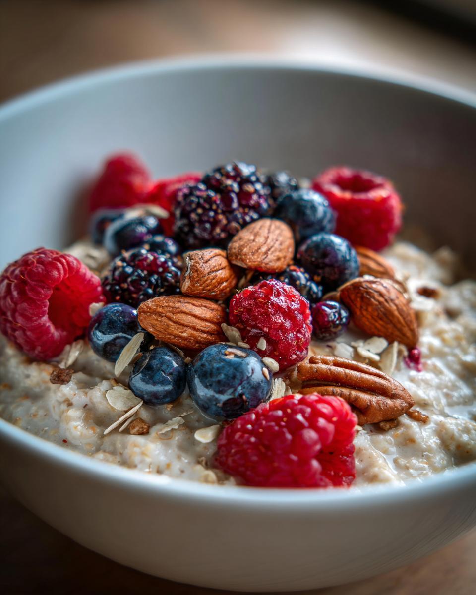 Bowl of oatmeal topped with fresh raspberries, blueberries, blackberries, and almonds. Healthy Breakfast Ideas.