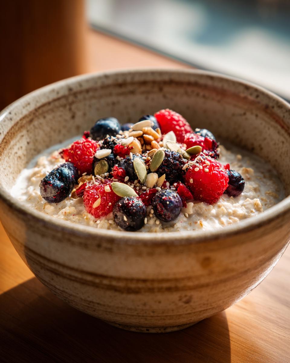 Bowl of oatmeal topped with mixed berries and seeds, a delicious and nutritious healthy breakfast ideas.