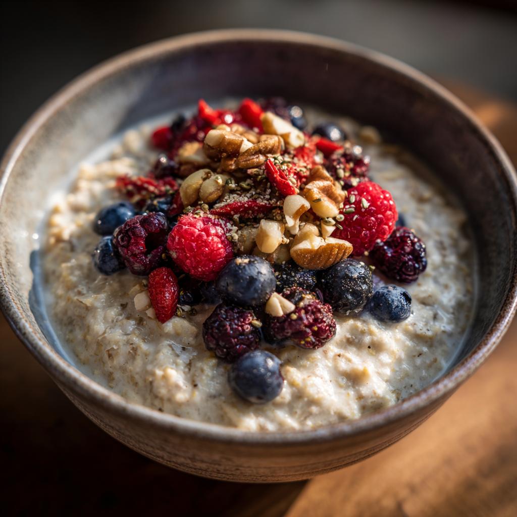 Bowl of oatmeal topped with fresh berries and nuts, a delicious and easy Healthy Breakfast Ideas.