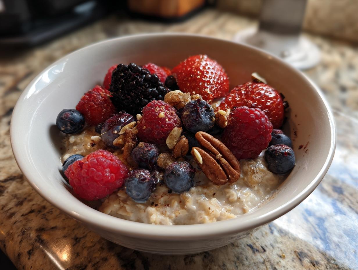 Bowl of oatmeal topped with fresh berries and nuts, a delicious and easy example of Healthy Breakfast Ideas.
