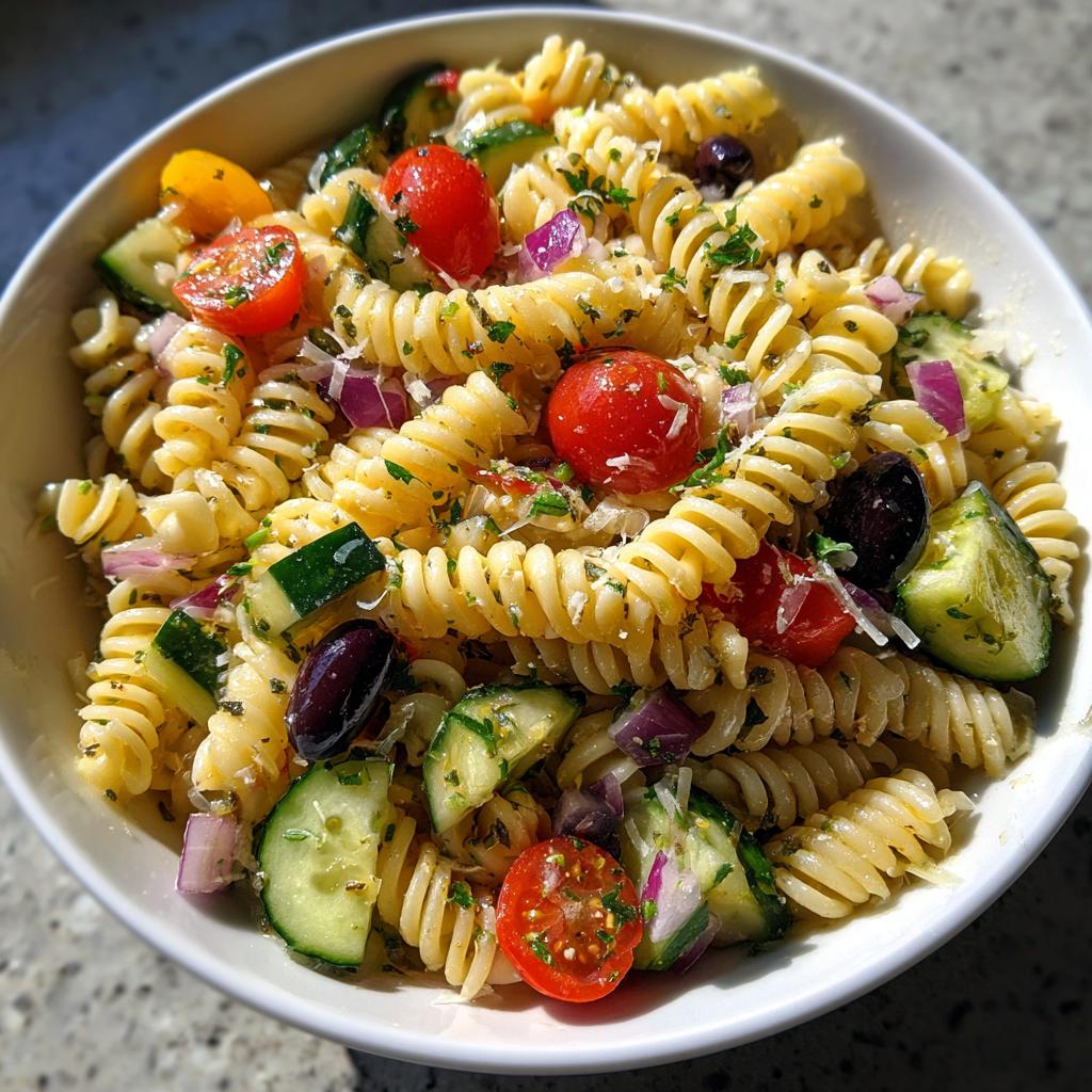 Bowl of pasta salad featuring rotini pasta, tomatoes, cucumbers, red onion, and olives. Perfect for summer dinner recipes.