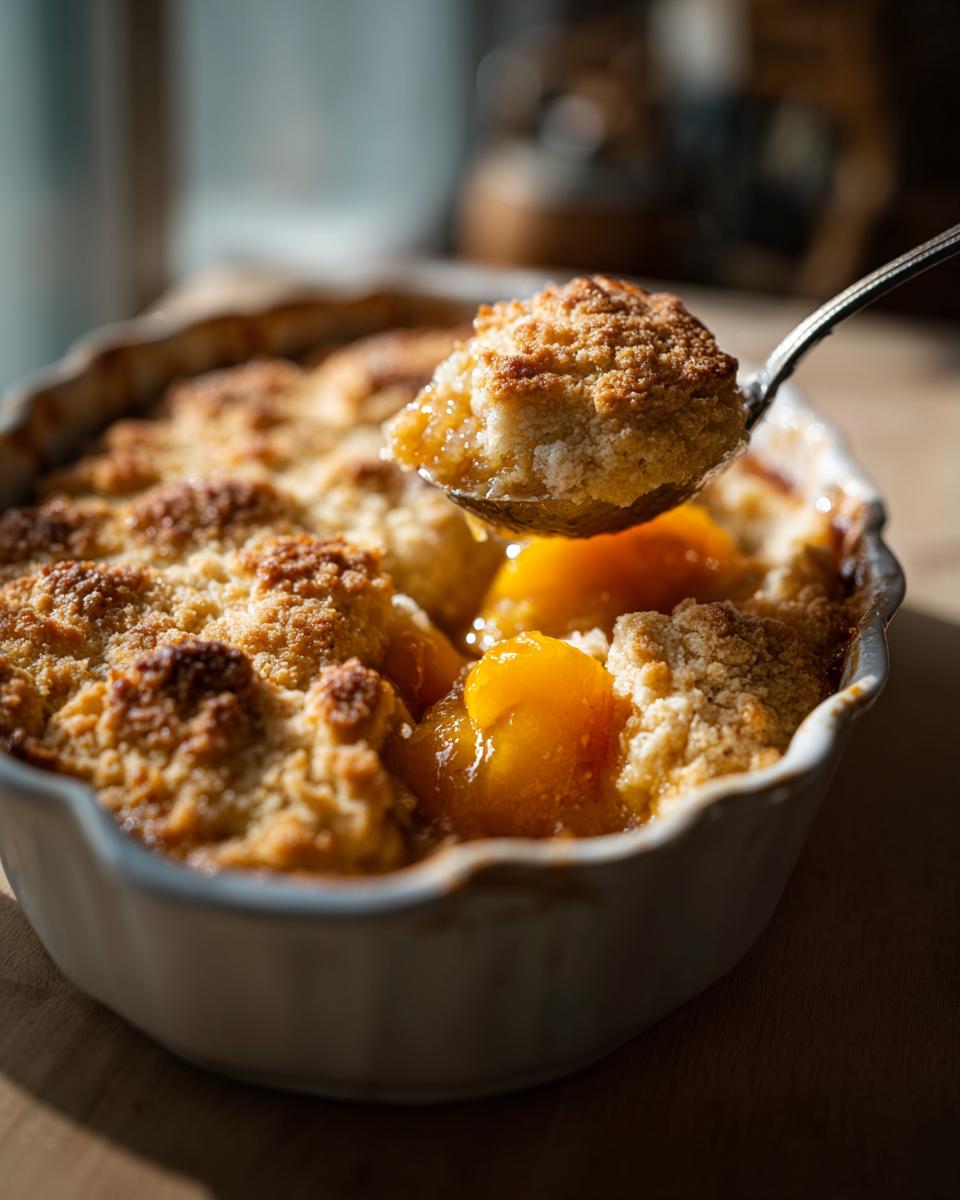 Close-up of a peach cobbler recipe in a white dish, with a spoonful being lifted to show the peaches.