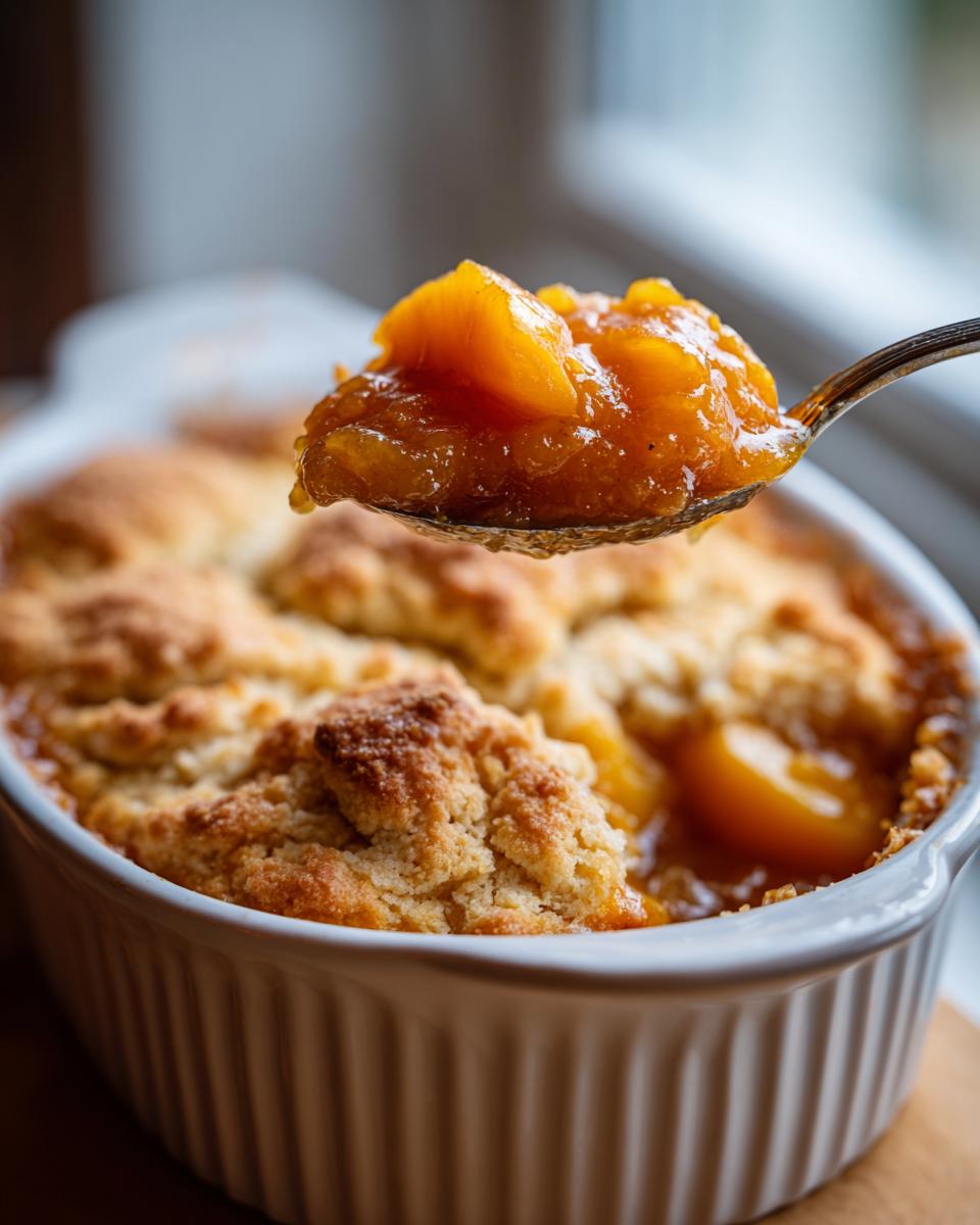 A spoonful of warm peach cobbler recipe filling being lifted from a baking dish.