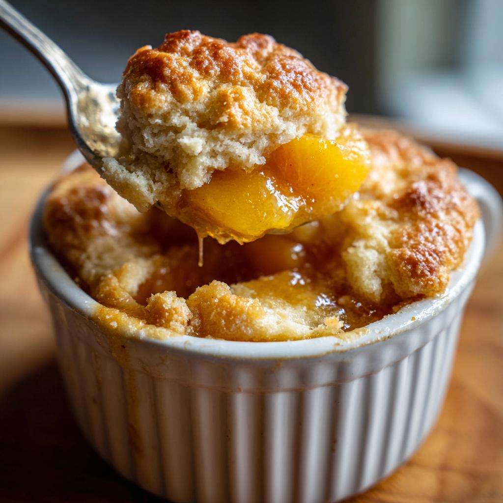 Close-up of a spoonful of peach cobbler recipe, showing the juicy peaches and golden crust.