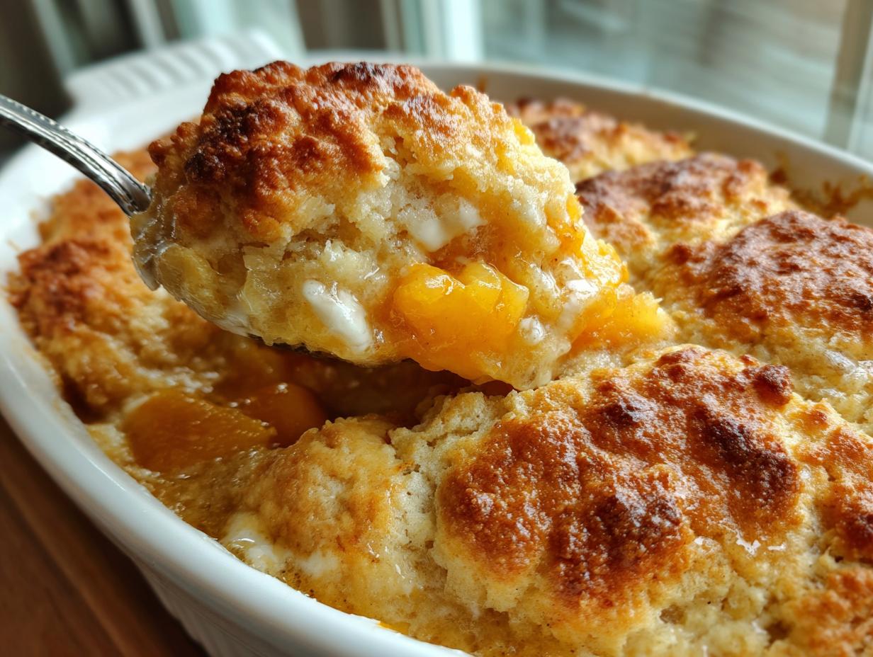 Spoon lifting a serving of golden peach cobbler recipe from a white baking dish, showcasing the peaches and crust.