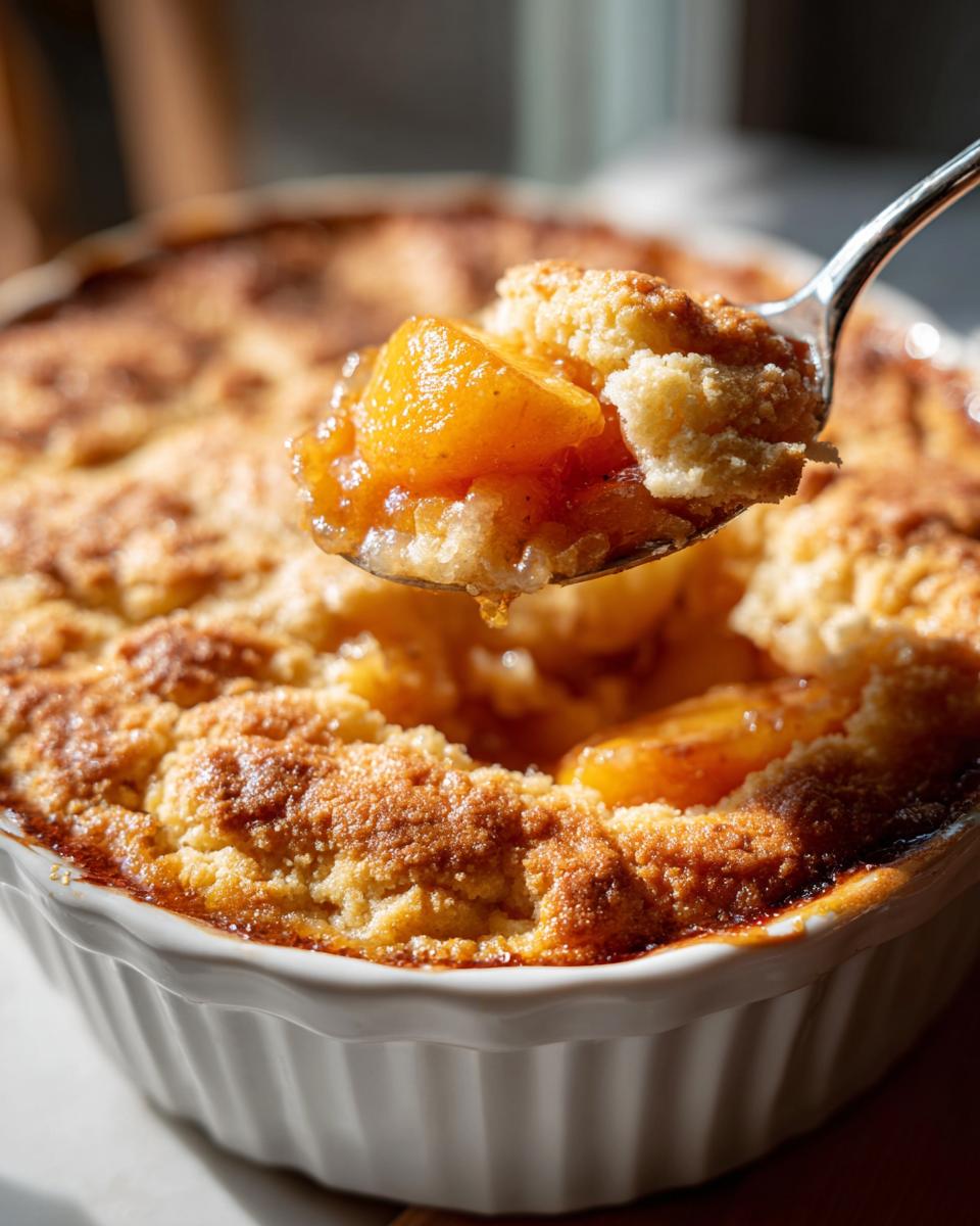 A spoonful of warm peach cobbler recipe with juicy peaches and a golden crust, ready to enjoy.