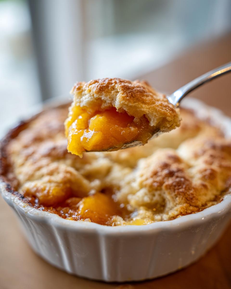 A spoonful of peach cobbler with flaky crust and juicy peaches, part of a larger peach cobbler recipe.