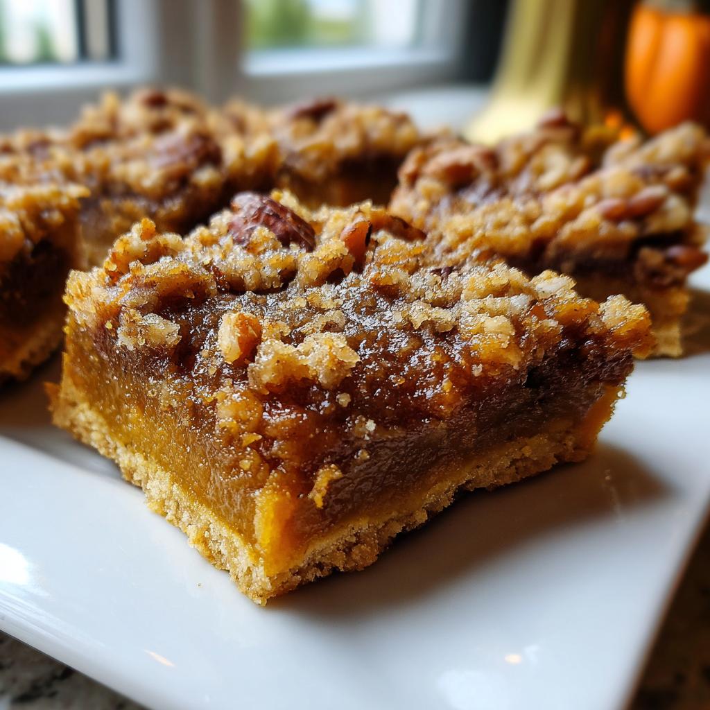 Close-up of pecan pumpkin pie bars on a white plate, showcasing the layers and pecan topping.