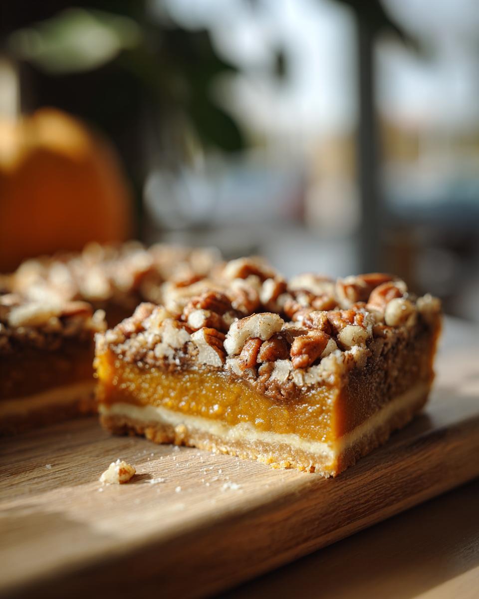 Close-up of pecan pumpkin pie bars on a wooden board, showcasing the layers and pecan topping.