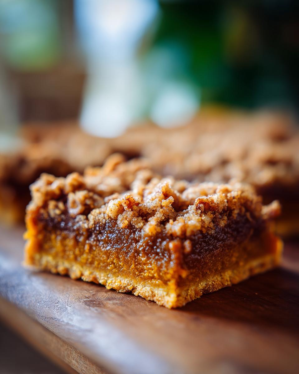 Close-up of a pecan pumpkin pie bar with a crumb topping on a wooden surface.