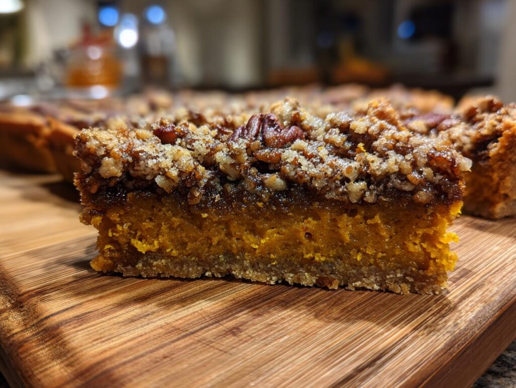 Close-up of a slice of pecan pumpkin pie bars, showing the layers of crust, pumpkin filling, and pecan topping.