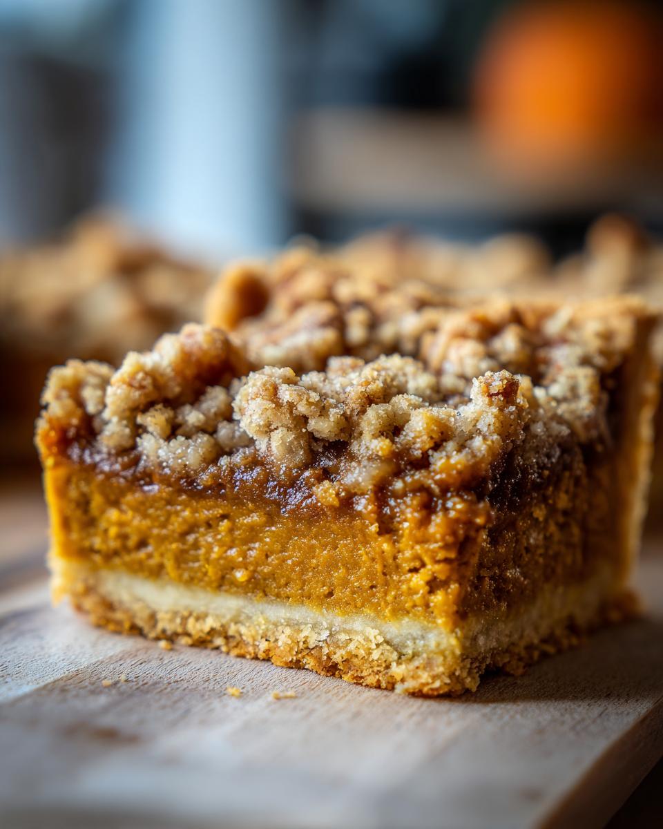 A close-up of a pecan pumpkin pie bar slice, showcasing the crust, pumpkin filling, and pecan crumble topping.