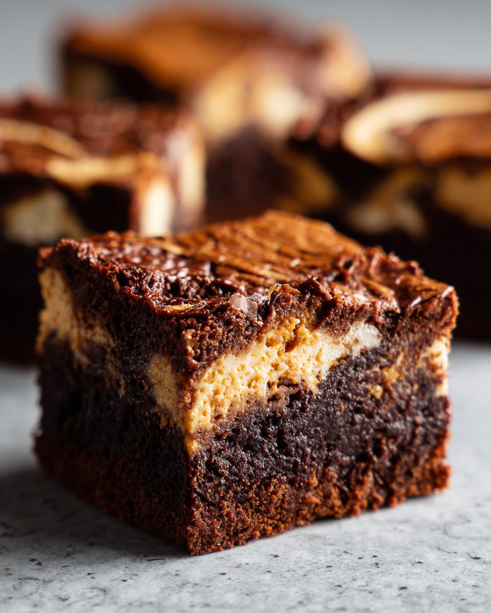 Close-up of a pumpkin cheesecake swirl brownie, showcasing the layers of brownie and pumpkin cheesecake.
