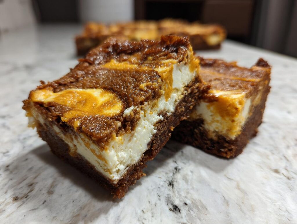 Close-up of pumpkin cheesecake swirl brownies showing the layers of brownie, cheesecake, and pumpkin swirl.