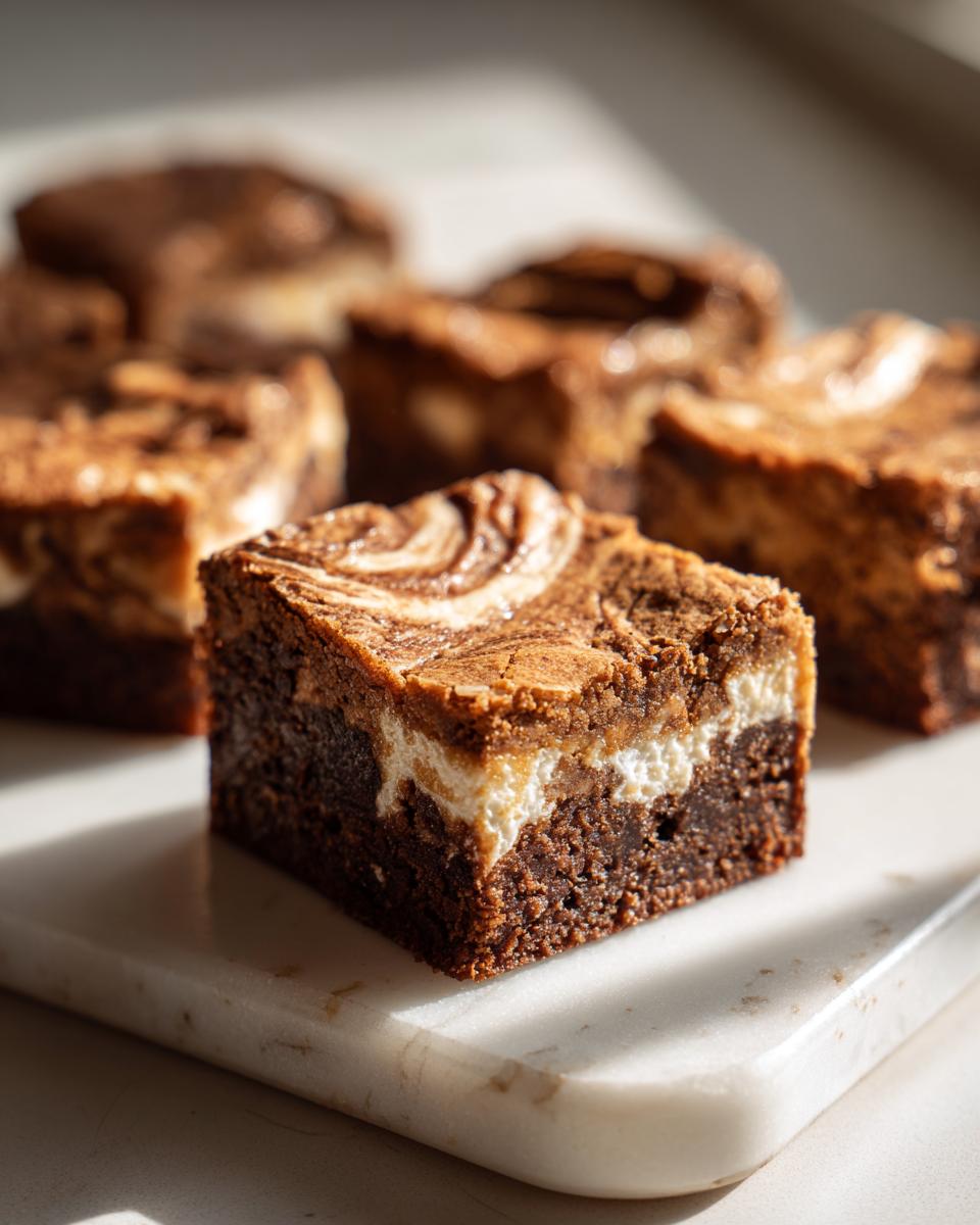 Close-up of pumpkin cheesecake swirl brownies on a marble board, showcasing the swirl and layers.